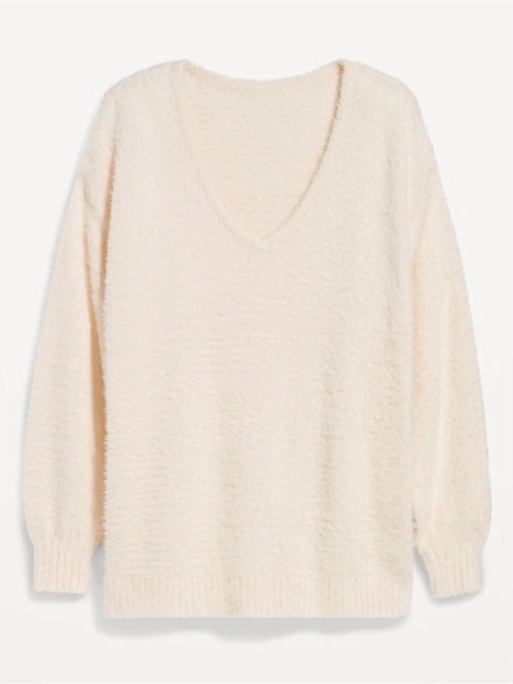 Old Navy Eyelash V-Neck Fuzzy Plush Sweater, Winter White, Oversized